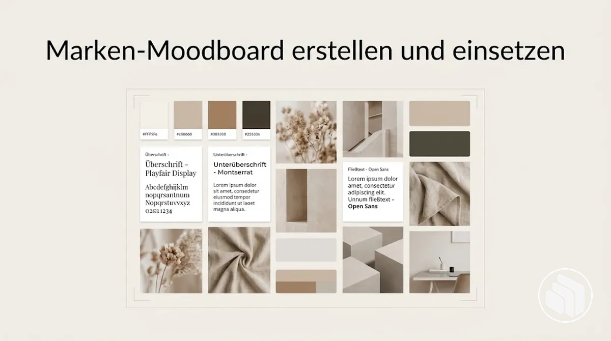 Marken-Moodboard mit abgestimmten Farben, Typografie und Bildwelt