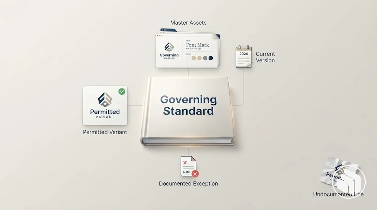 Freigegebene Markenidentitätsreferenzen mit Richtlinien, Master-Assets, Versionskontrollen, zulässigen Varianten und dokumentierten Ausnahmen