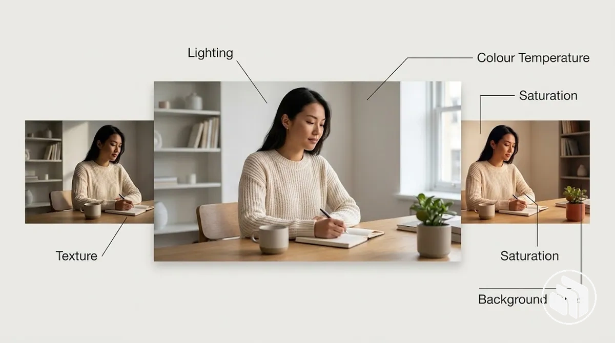 Dasselbe Motiv mit abgestimmter Lichtführung, Farbbehandlung und Oberflächentextur innerhalb eines Bildstils