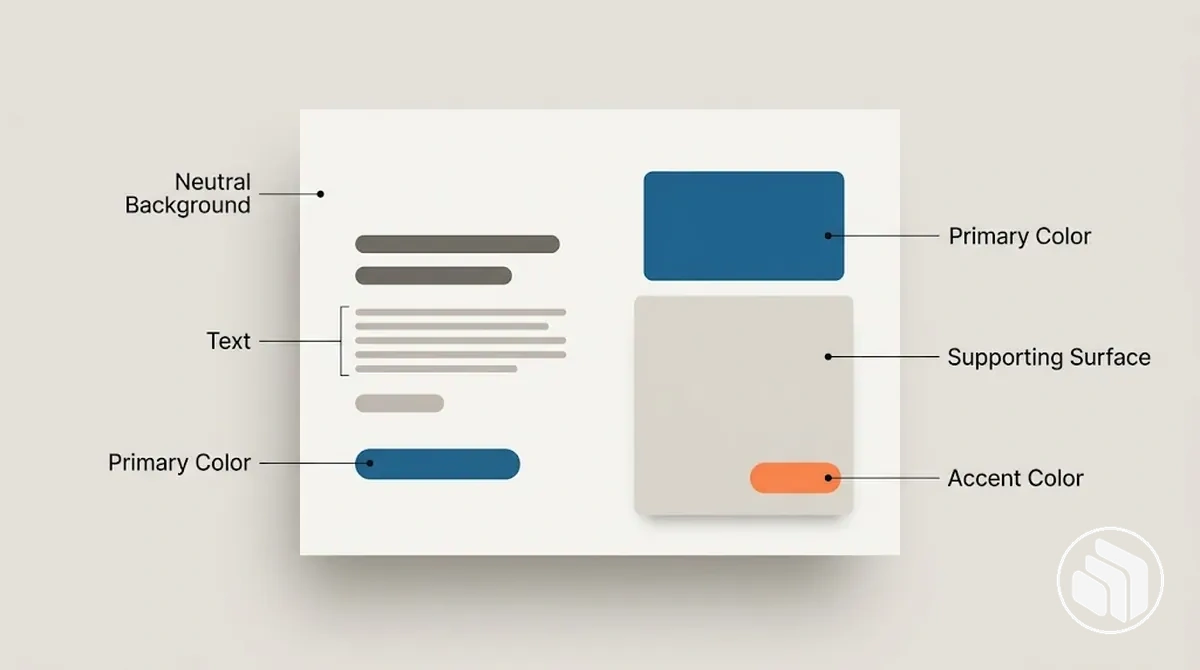 Beschriftetes Markenfarbbeispiel mit neutralen und unterstützenden Farben für Hintergründe, Text und visuelles Gleichgewicht