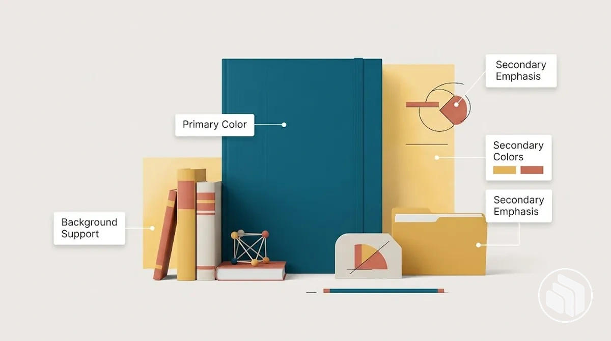 Beschriftetes Markenfarbbeispiel mit Sekundärfarben, die die Primärfarbe unterstützen, ohne deren Rolle zu übernehmen