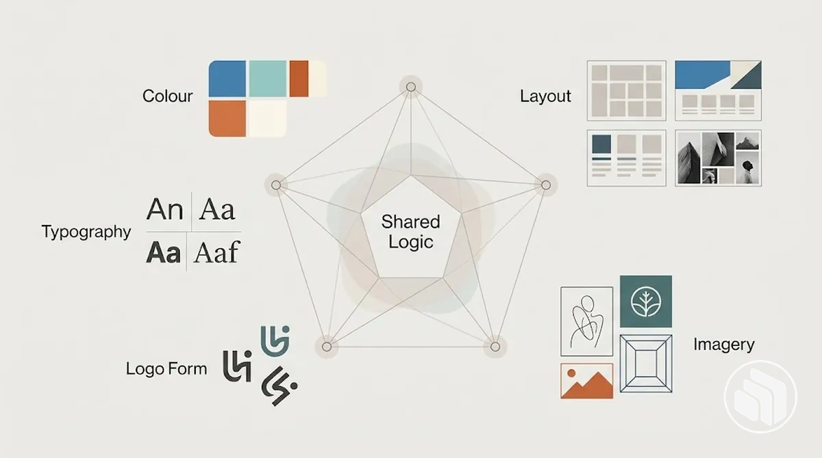 Diagramm, das verschiedene Elemente der Markenidentität zeigt, die durch gemeinsame visuelle Logik verbunden sind.