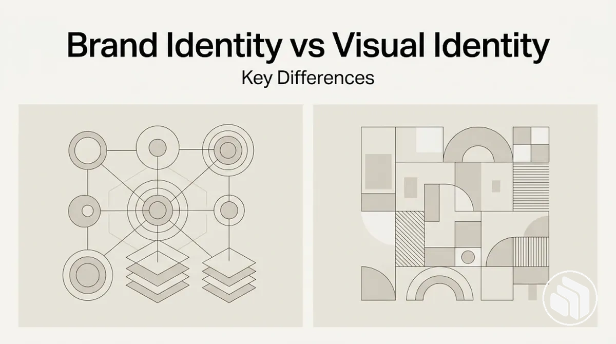 Side-by-side comparison of brand identity and visual identity