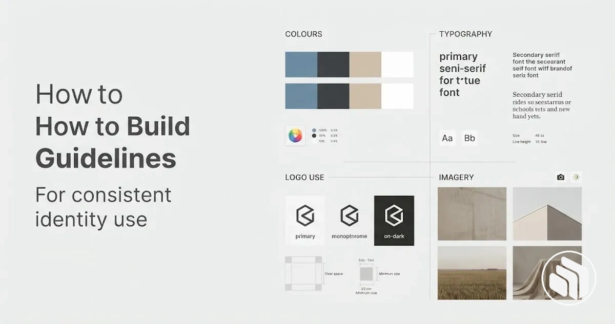 Brand guidelines showing rules for colors, typography, logo, and imagery