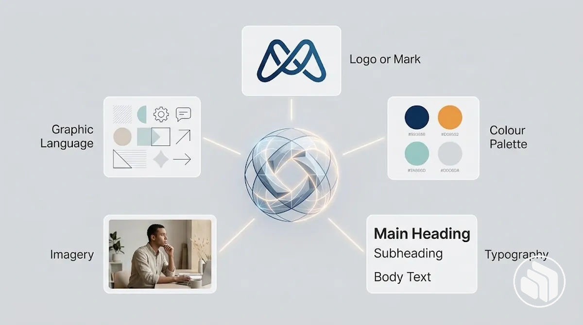 Labeled brand identity elements including logo, colour palette, typography, imagery and graphic language