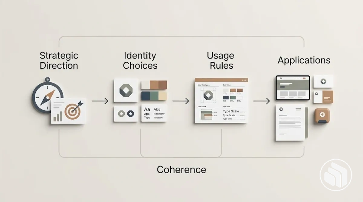 Diagram showing strategic direction informing identity elements, usage rules and repeated brand applications