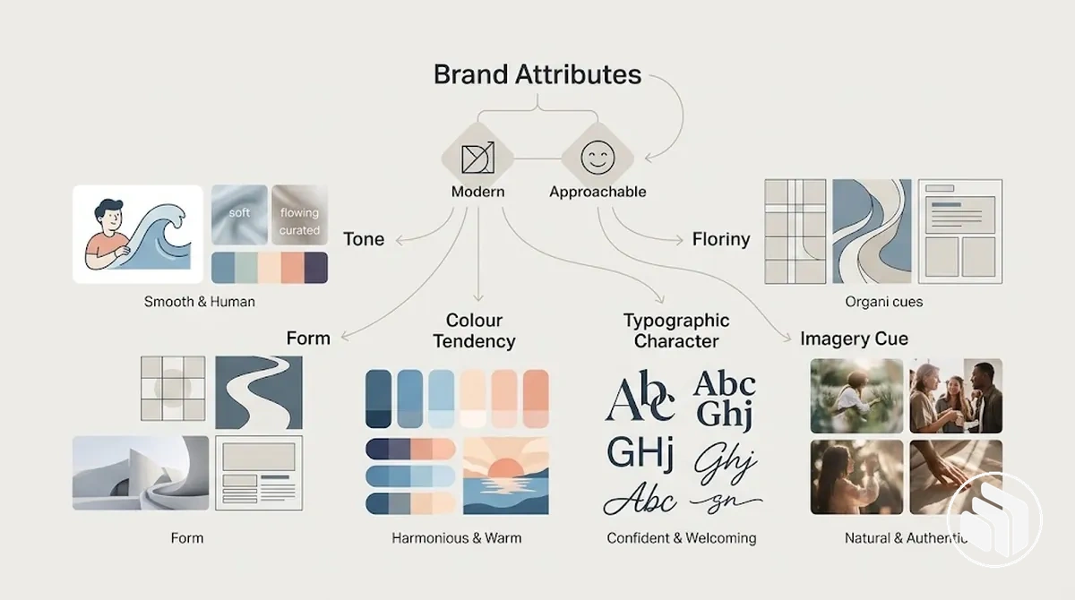 Annotated visual direction showing tone, form, colour, typography, and imagery cues derived from brand attributes