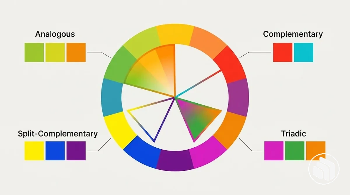 Color wheel diagram showing analogous, complementary, split-complementary and triadic brand color relationships