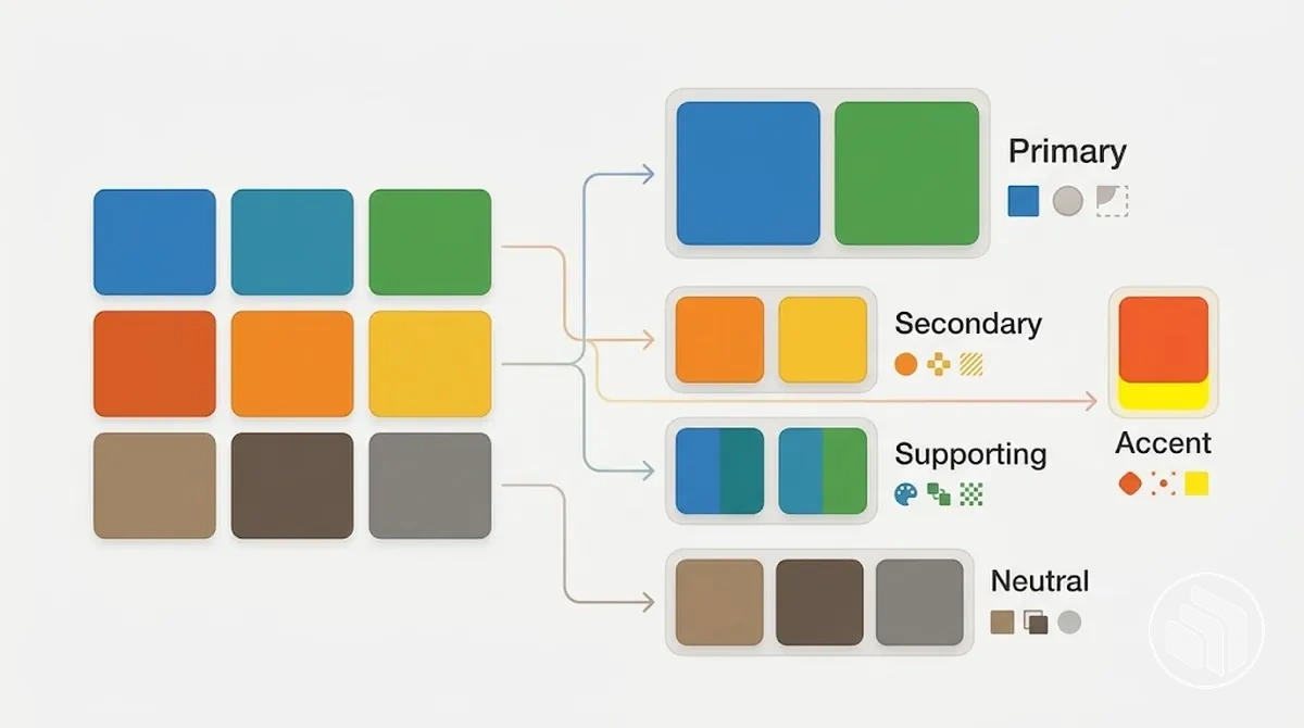 Approved brand colors assigned to primary, secondary, accent, and neutral or supporting roles