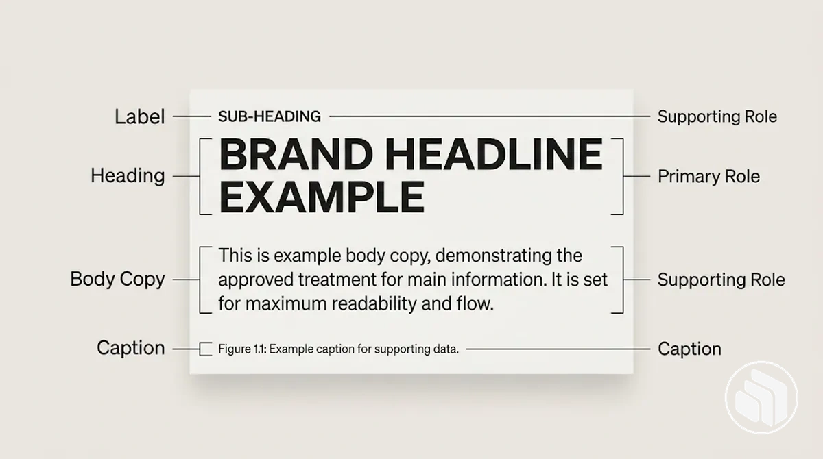 Annotated brand layout mapping headings, body copy, labels and captions to approved font roles