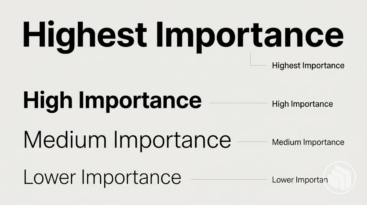 Annotated heading levels showing relative prominence, contrast and spacing in a brand typography hierarchy