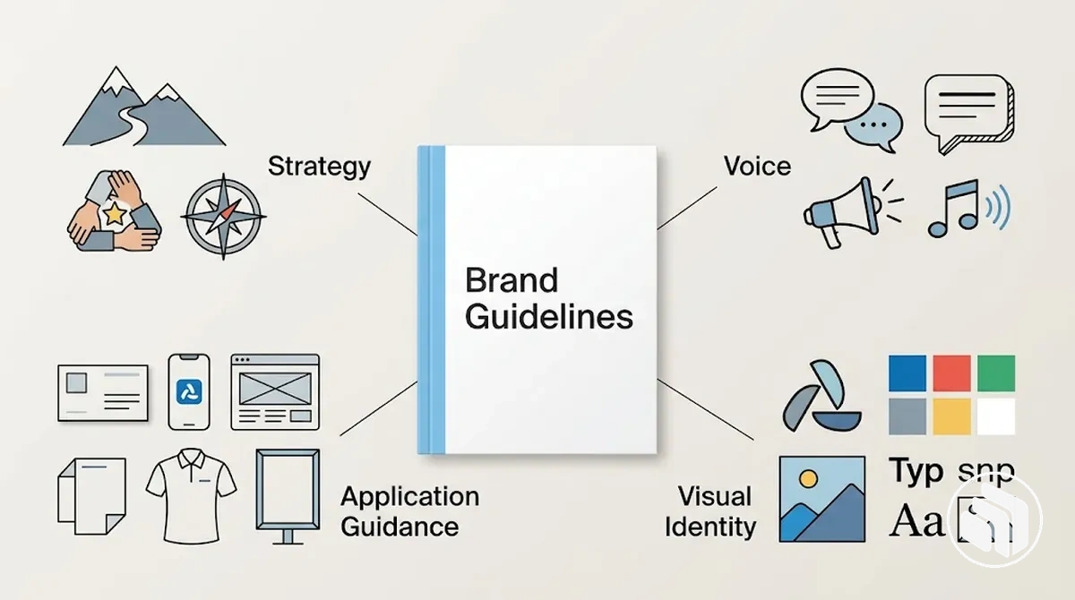 Brand guidelines connecting strategy, voice, visual identity, and application guidance