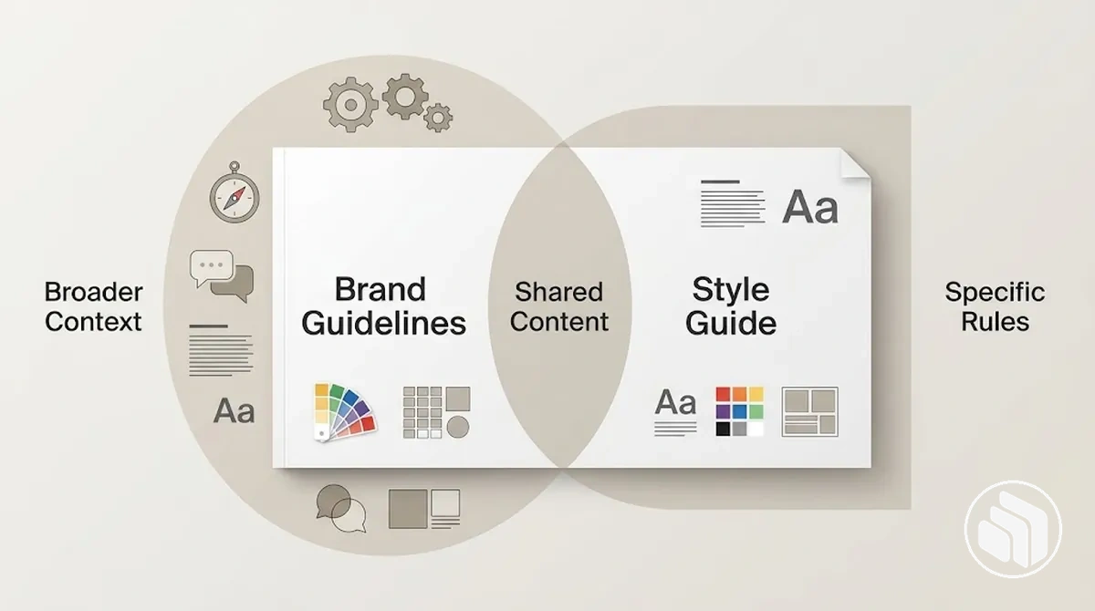 Brand guidelines and style guide showing overlapping content coverage with different levels of emphasis