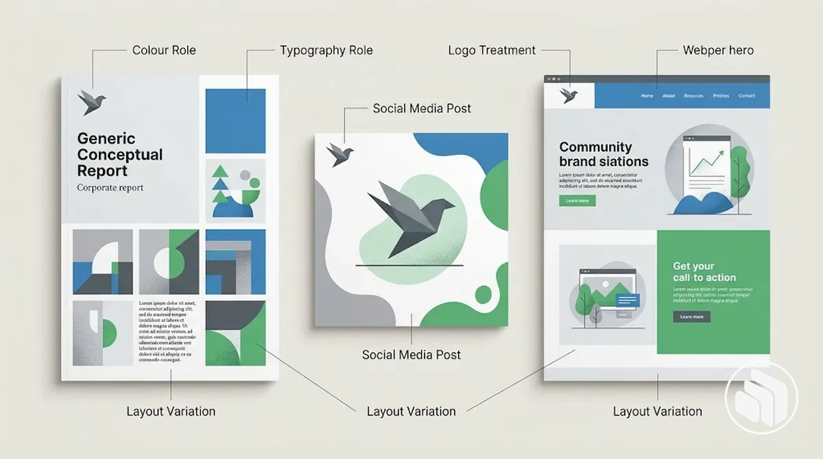 Annotated brand applications showing consistent colour, typography, logo, and imagery rules.
