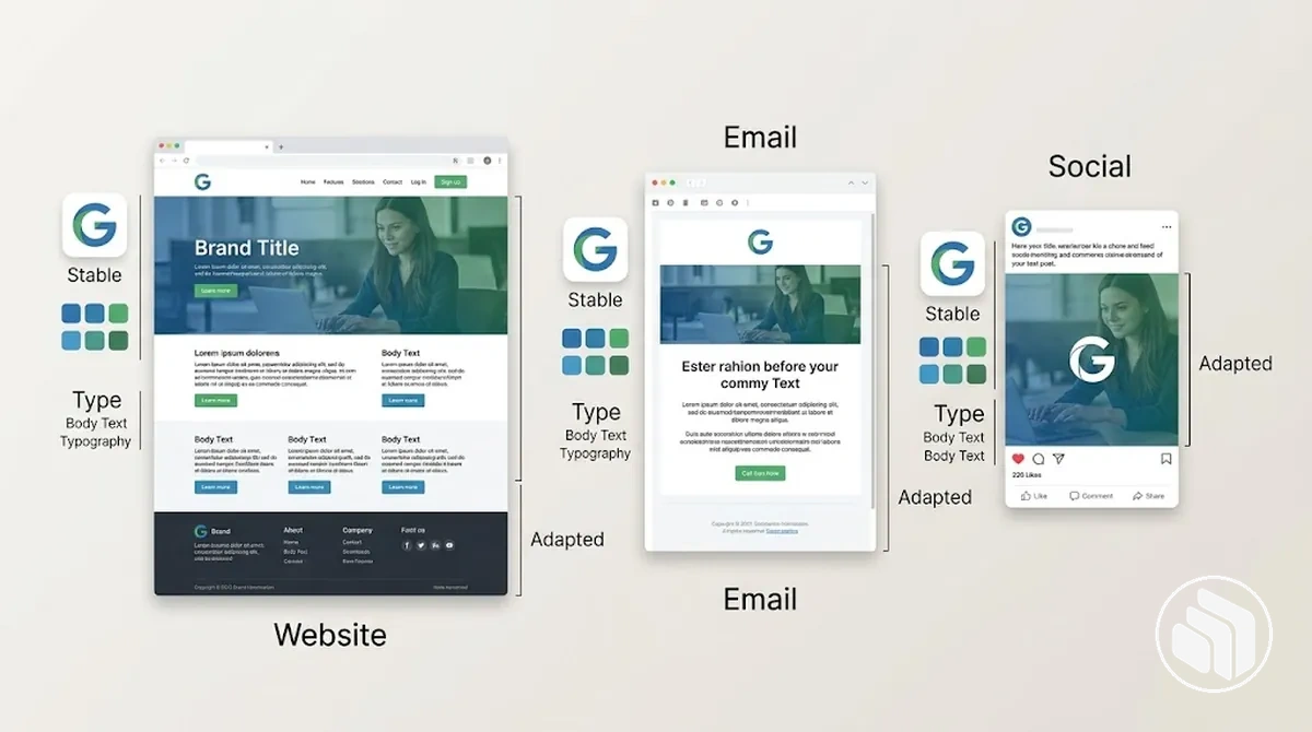 Stable brand elements adapted consistently across different channel formats