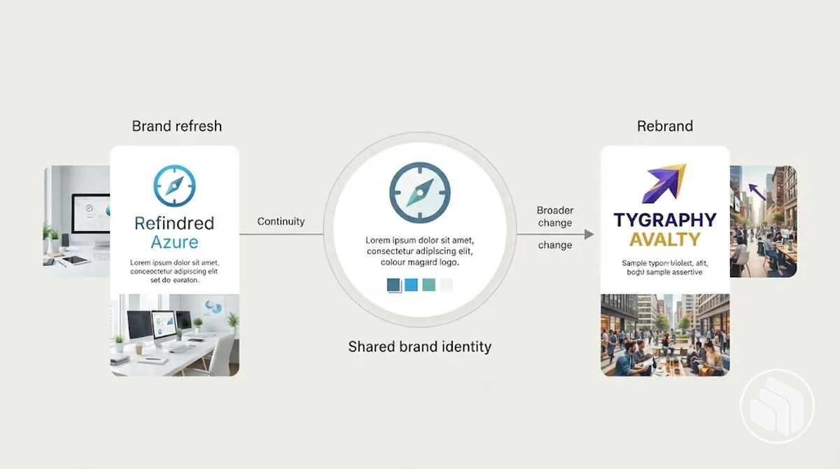 Comparison graphic showing the narrower scope of a brand refresh and broader scope of a rebrand