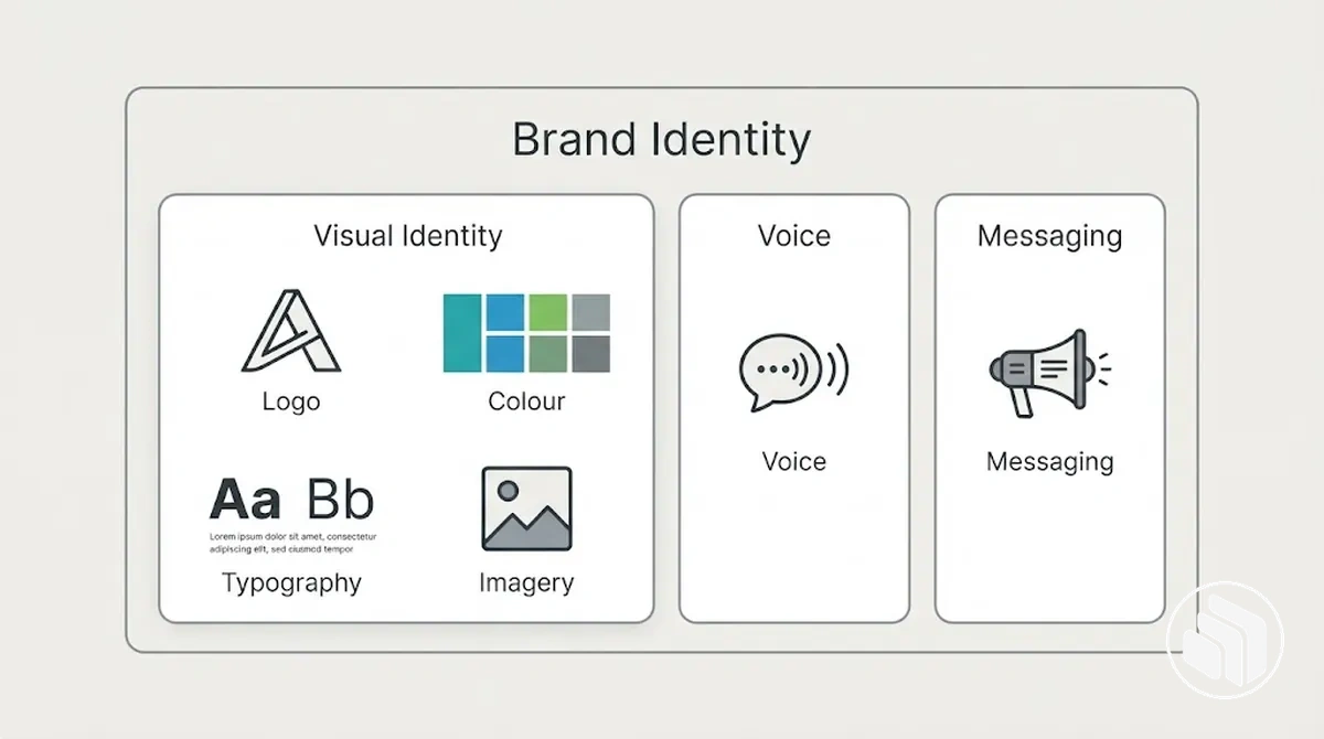 Brand identity component groups with visual identity shown as the visual subset