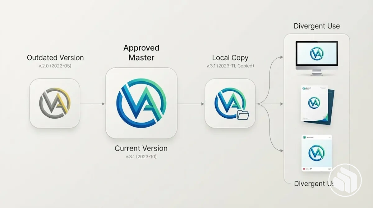 Annotated example showing approved, outdated, and duplicate brand assets creating version-control confusion.