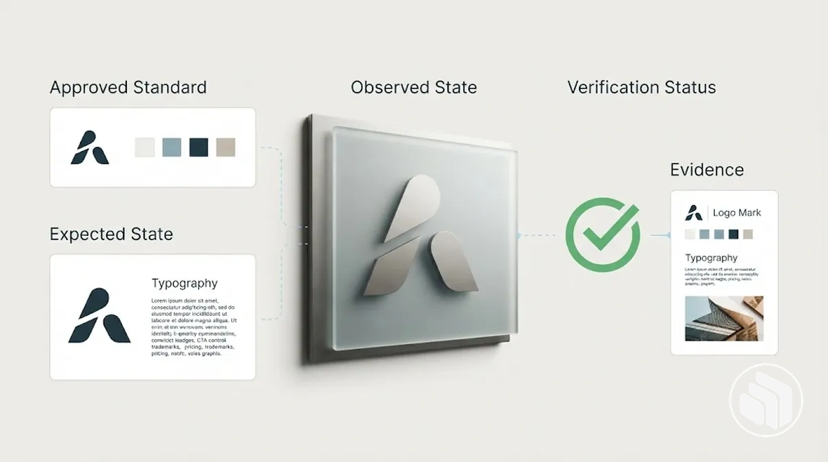 Brand identity elements being checked against approved standards and observed applications