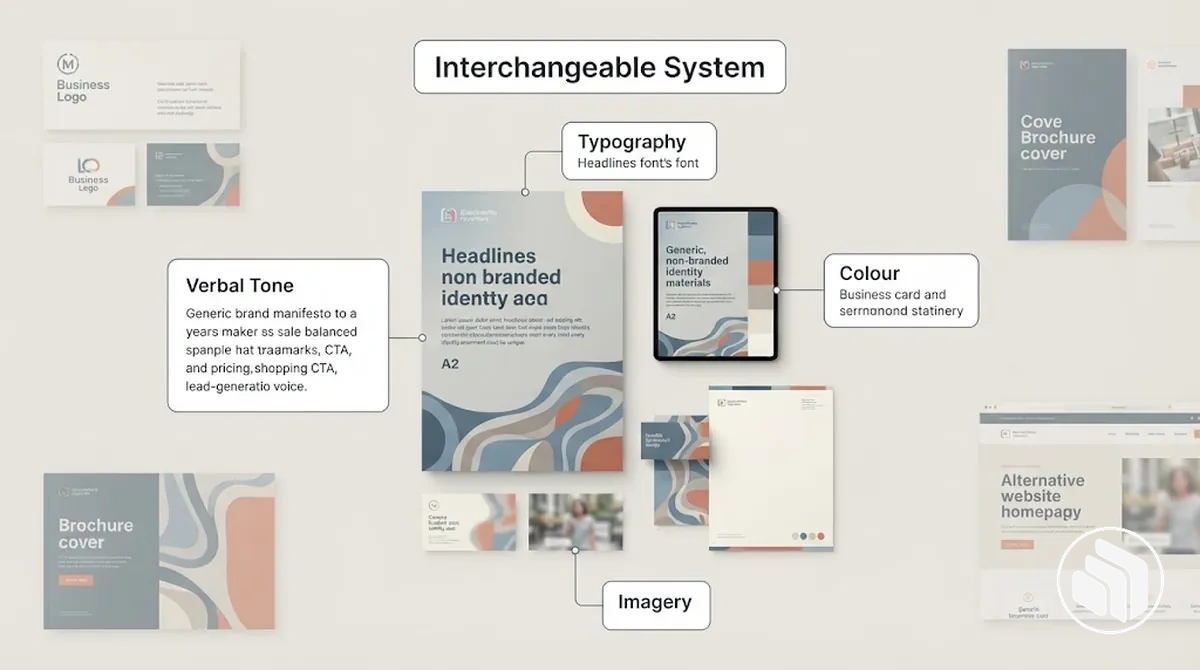 Illustration showing how interchangeable typography, colour, imagery, iconography and verbal tone can reduce brand-specific identity cues.