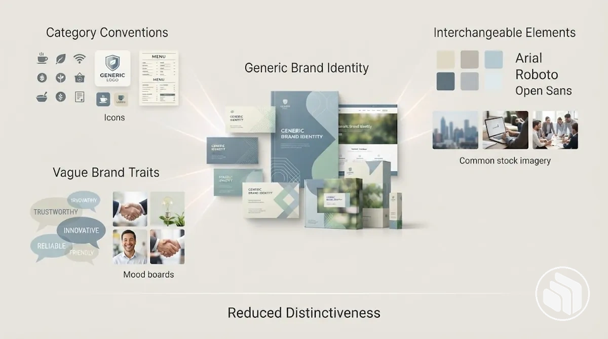 Diagram showing how several undifferentiated design choices can combine to reduce brand identity distinctiveness.