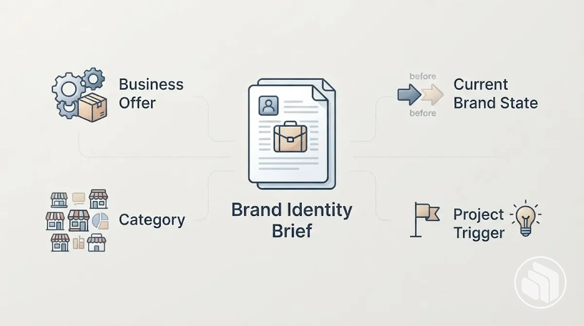 Illustration showing a brief document framed by the business offer, category, existing brand state, and project trigger