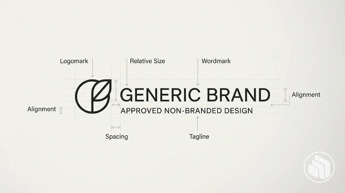 Composición de logotipo anotada que muestra las relaciones fijas entre el símbolo, el logotipo, el espacio y la alineación
