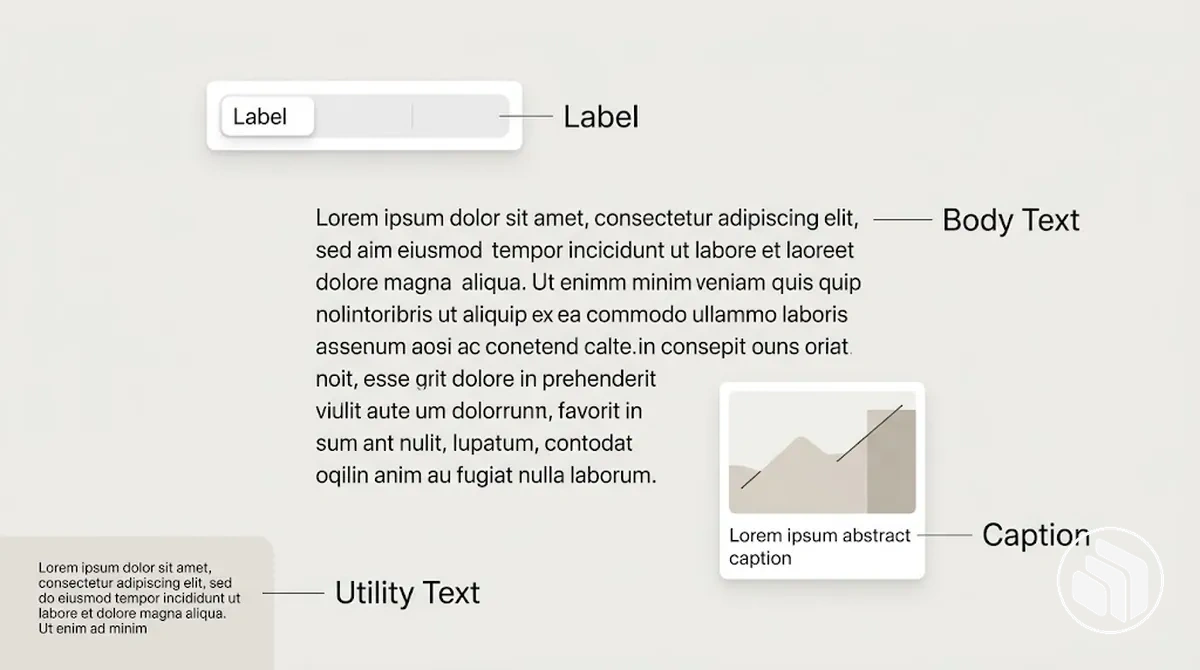 Diseño anotado que muestra los niveles de texto de cuerpo, etiqueta, pie de foto y texto auxiliar con diferentes funciones de lectura