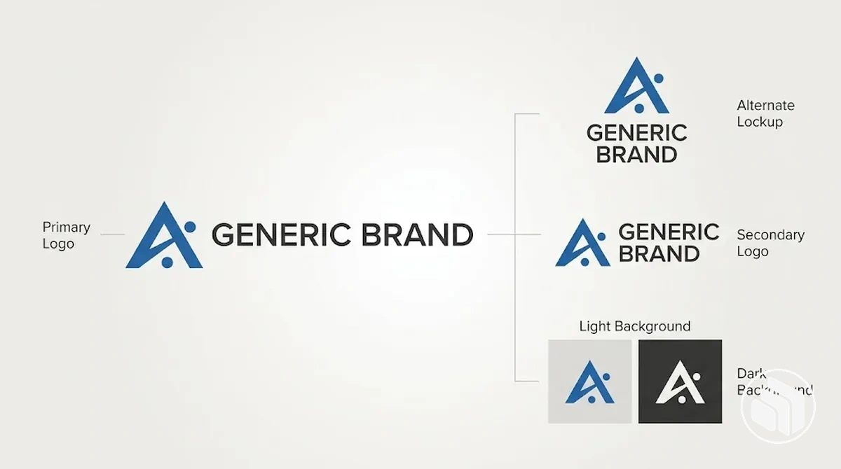 Versiones de logotipo principales y alternativas aprobadas dispuestas como un sistema de logotipo controlado