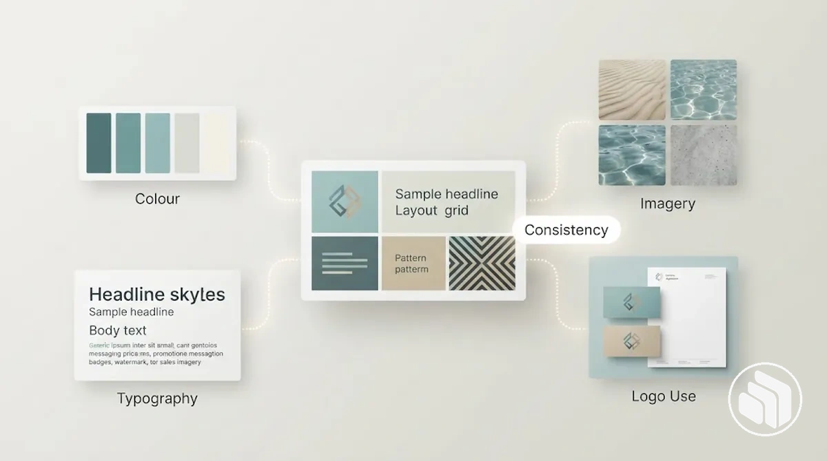 Color, tipografía, uso del logotipo e imágenes mostrados como elementos de identidad visual interconectados