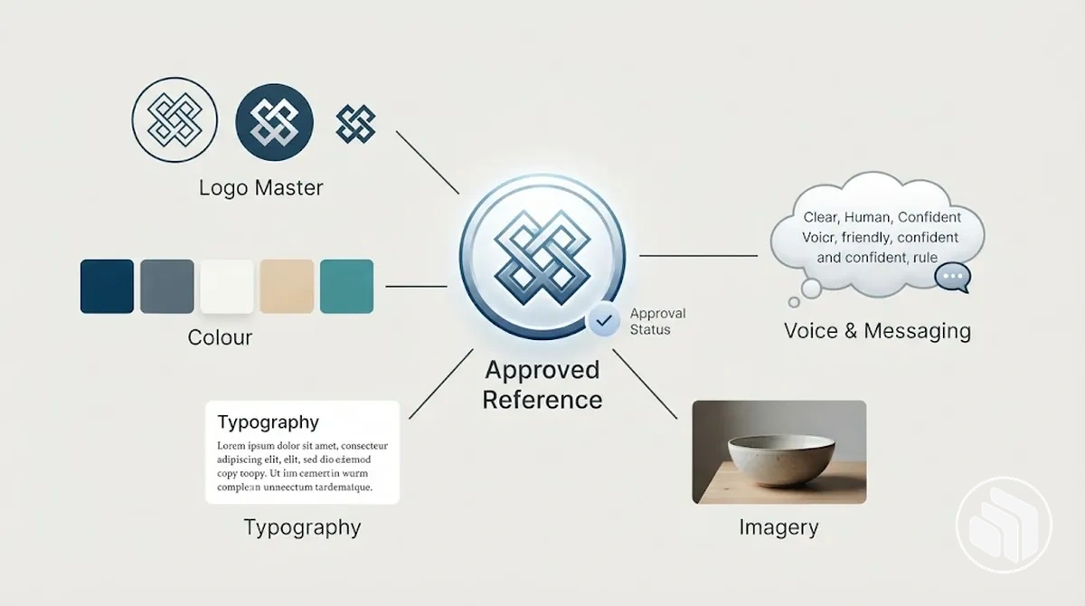 Diagrama de un estándar de referencia de identidad de marca aprobado que vincula las reglas de logotipo, color, tipografía, imágenes y mensajes.