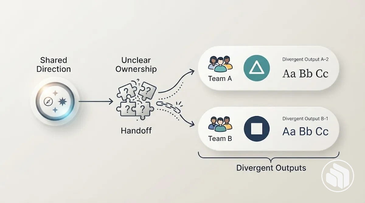 Diagrama que muestra cómo la propiedad fragmentada de la marca lleva a que distintos equipos interpreten la misma identidad de manera diferente.