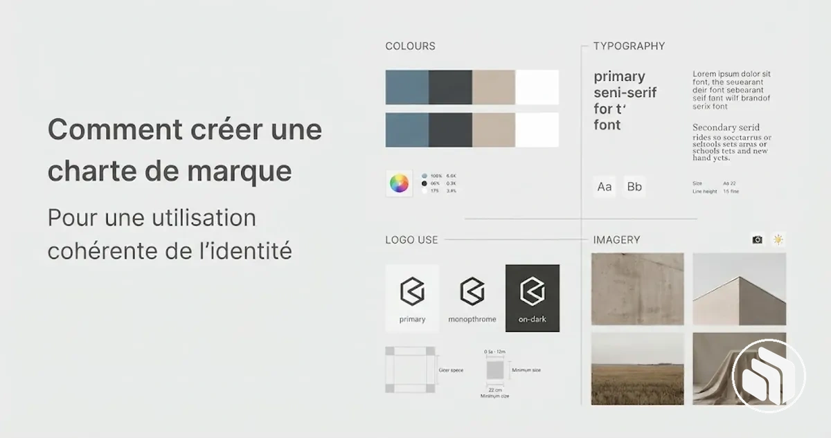 Charte de marque avec des règles pour les couleurs, la typographie, le logo et les images