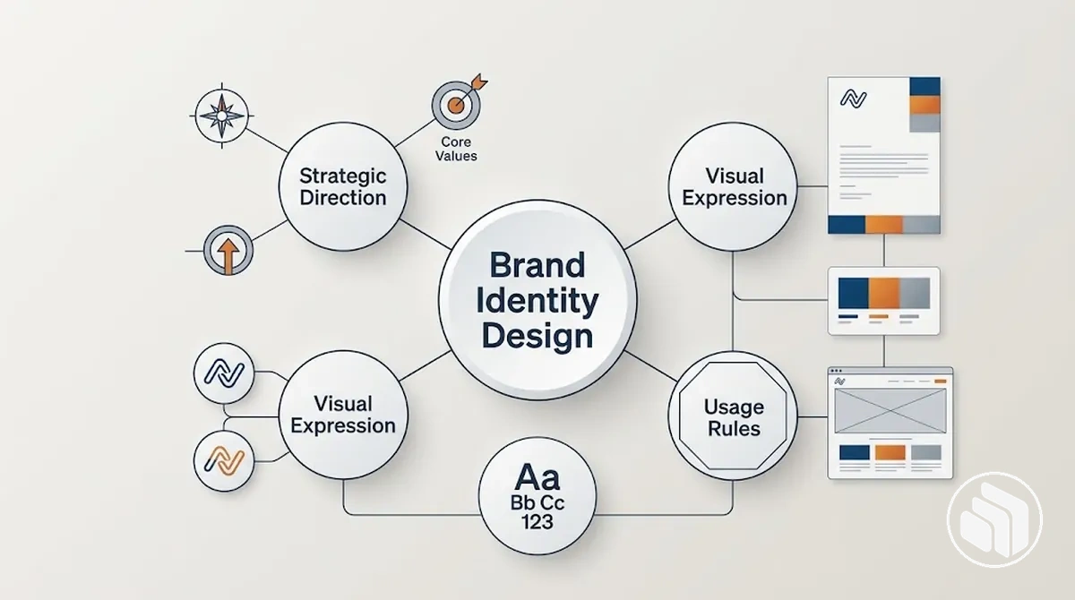 Illustration du design d’identité de marque combinant direction stratégique, expression visuelle et règles d’usage