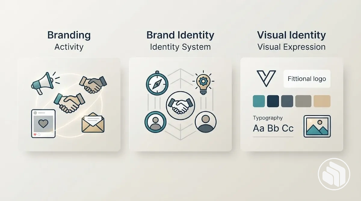 Comparaison du branding comme processus, de l’identité de marque comme système et de l’identité visuelle comme expression visuelle