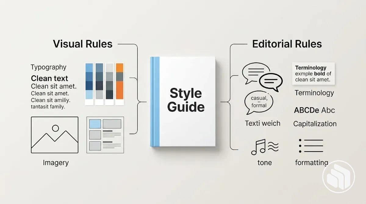 Guide de style montrant les familles de règles visuelles et éditoriales pour une application cohérente