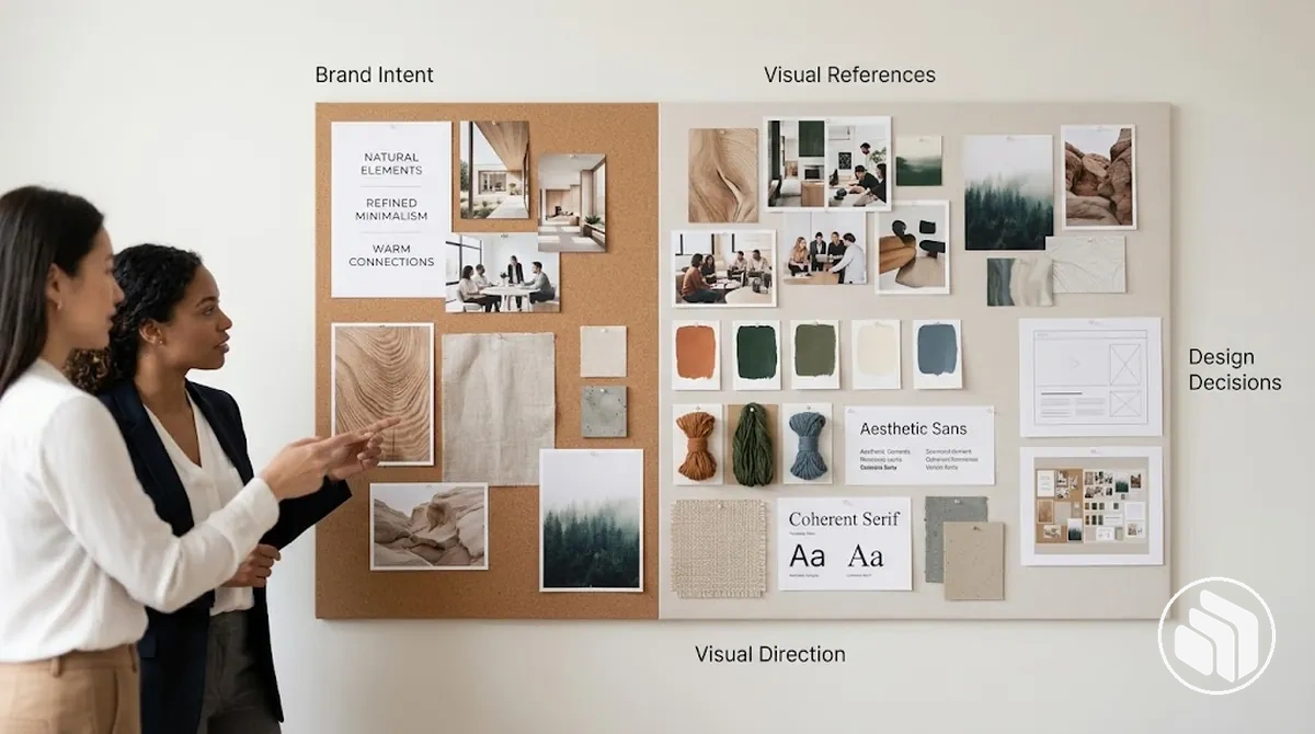 Moodboard de marque présentant des références visuelles coordonnées pour la planification de l’identité de marque