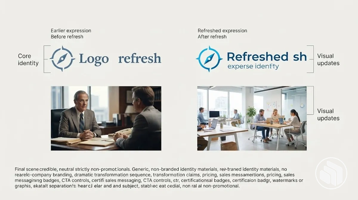 Exemple annoté de rafraîchissement de marque montrant une expression visuelle actualisée avec une continuité de l’identité centrale