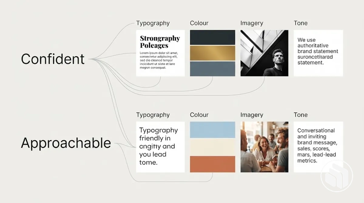 Exemple annoté reliant des caractéristiques de marque spécifiques à des signaux visuels et verbaux observables de l’identité.