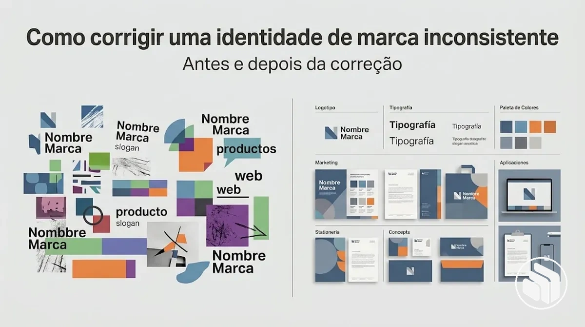 Comparação de antes e depois da correção de uma identidade de marca inconsistente
