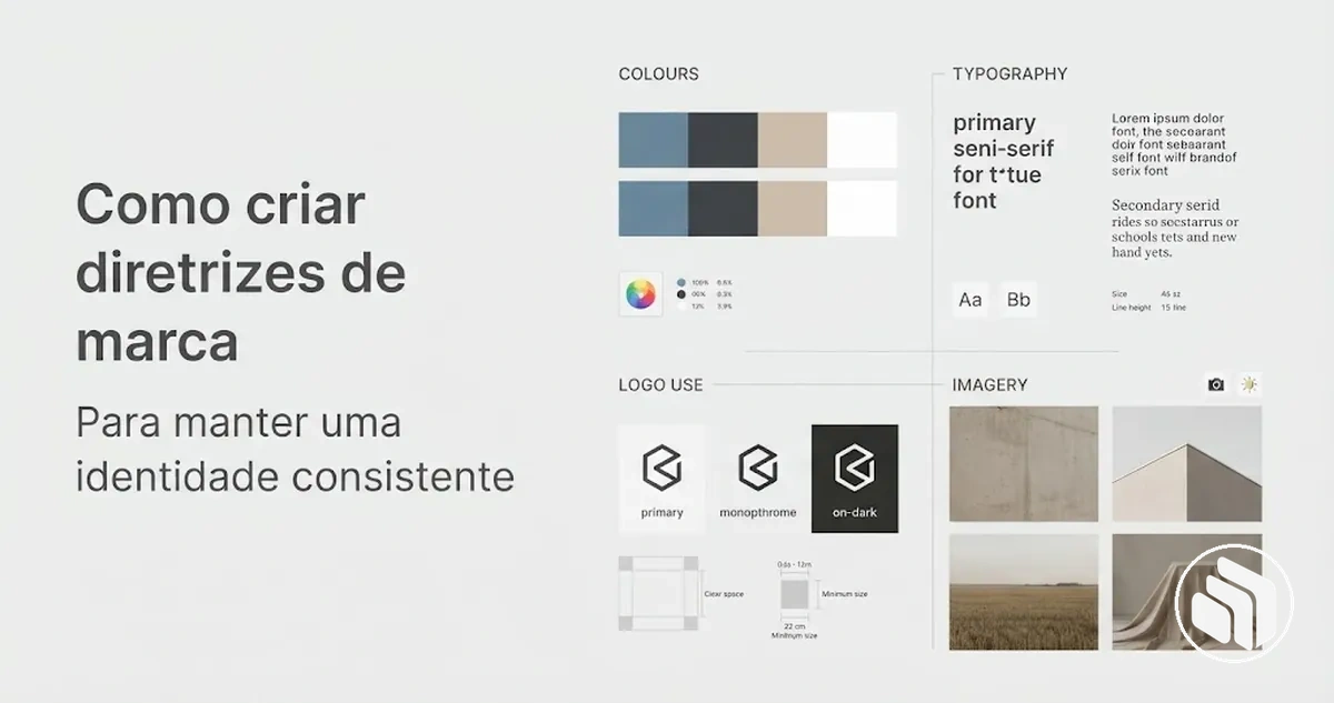 Diretrizes de marca com regras para cores, tipografia, logotipo e imagens