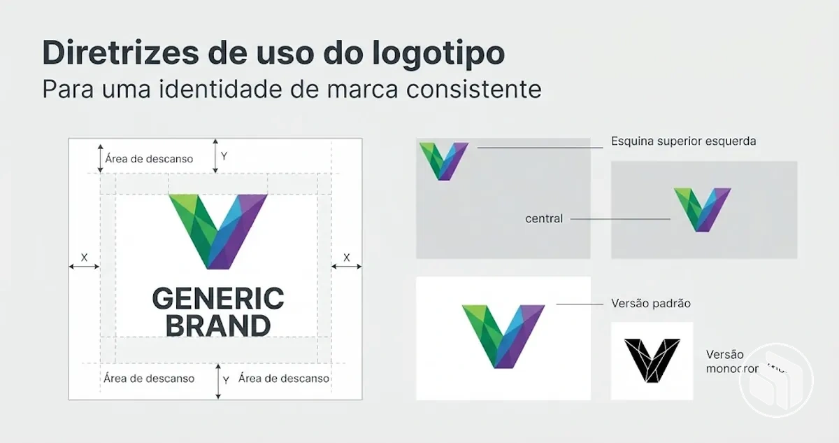 Exemplos de uso do logotipo com espaçamento, posicionamento e variações