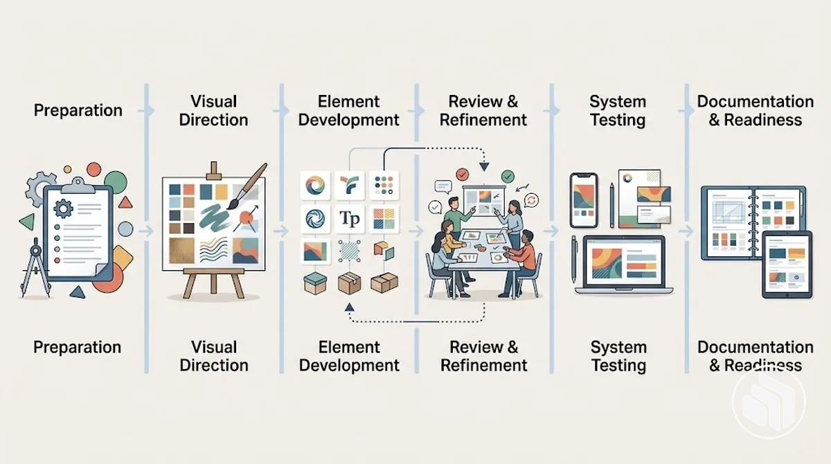 Sequência passo a passo do design de identidade de marca, da preparação aos testes e à prontidão para implementação