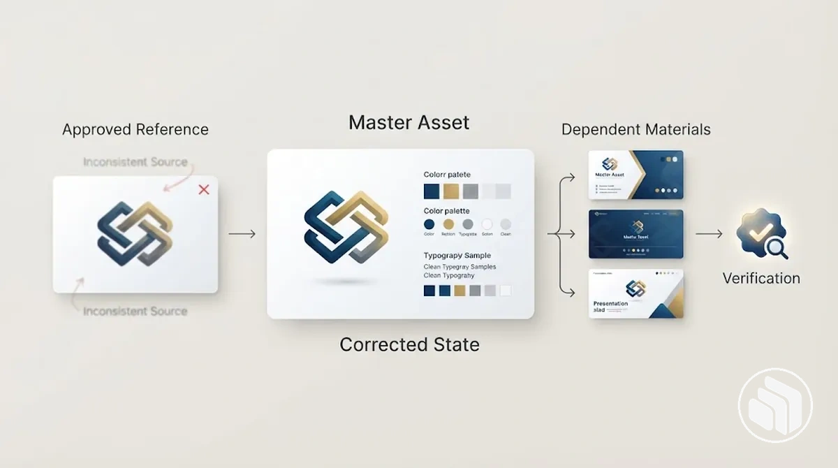 Visual passo a passo mostrando referência aprovada, ativos-mestre de marca corrigidos, substituição de materiais derivados e verificação.
