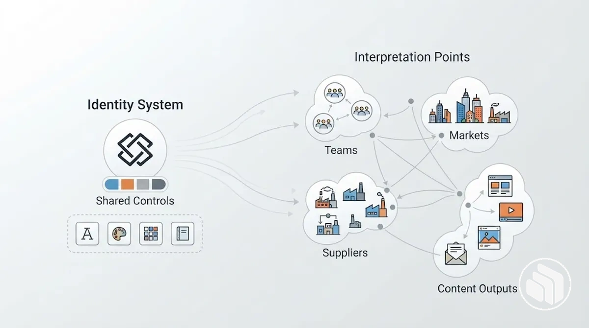 Diagrama mostrando crescimento organizacional superando os controles que mantêm a identidade da marca consistente.