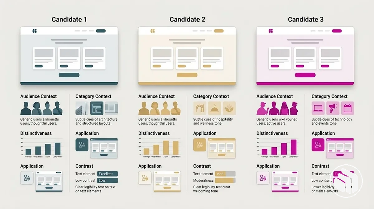 Cores candidatas da marca comparadas com critérios de público, contexto e uso prático