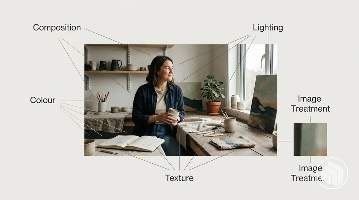 Estilo de imagens mostrando composição, iluminação, cor, textura e tratamento de imagem como atributos visuais coordenados