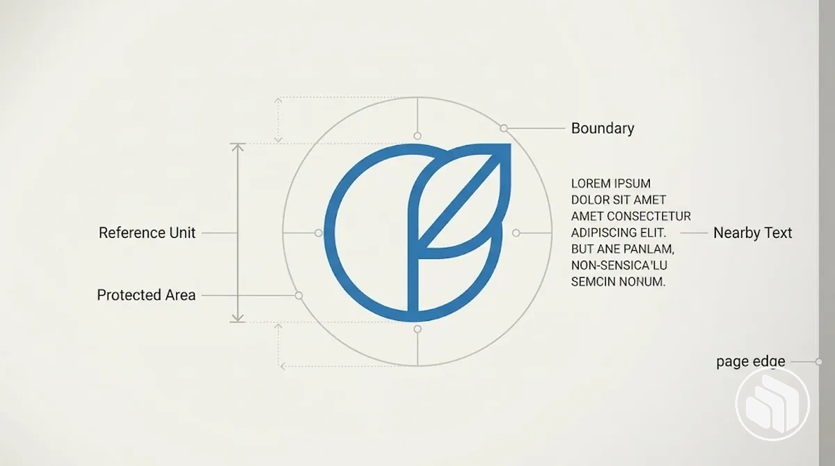 Exemplo anotado de espaço de respiro do logotipo mostrando uma unidade de referência proporcional e a área protegida