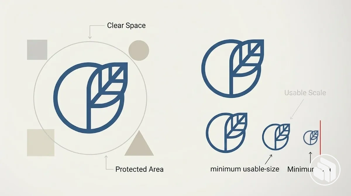 Diagrama comparando o espaço de respiro do logotipo com o tamanho mínimo legível como regras de uso separadas