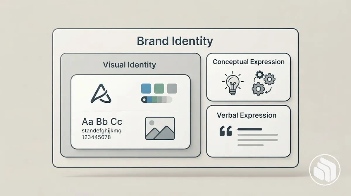 Diagrama que mostra a identidade visual como a camada visual dentro da identidade de marca mais ampla